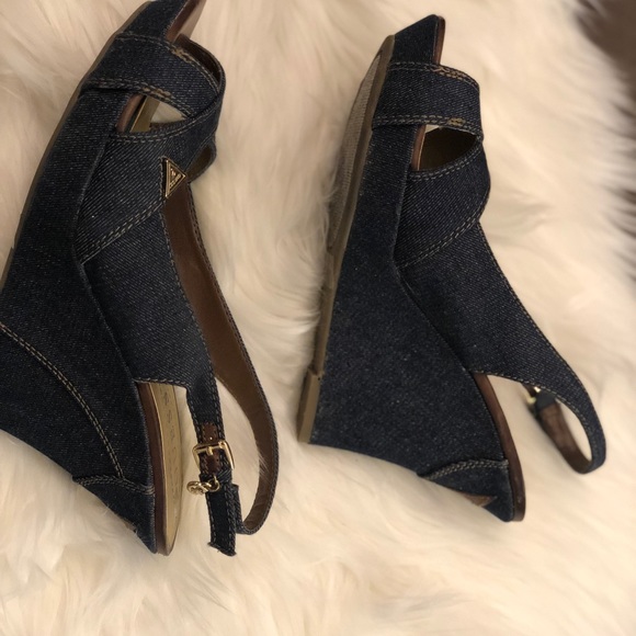 GUESS Tilden Denim Peep Toe Wedges - Picture 4 of 5